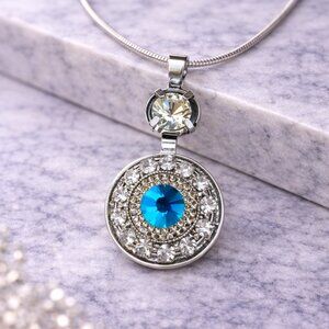Crystal Rhinestone Interchangeable Snap Necklace Aquamarine Blue Silver 925